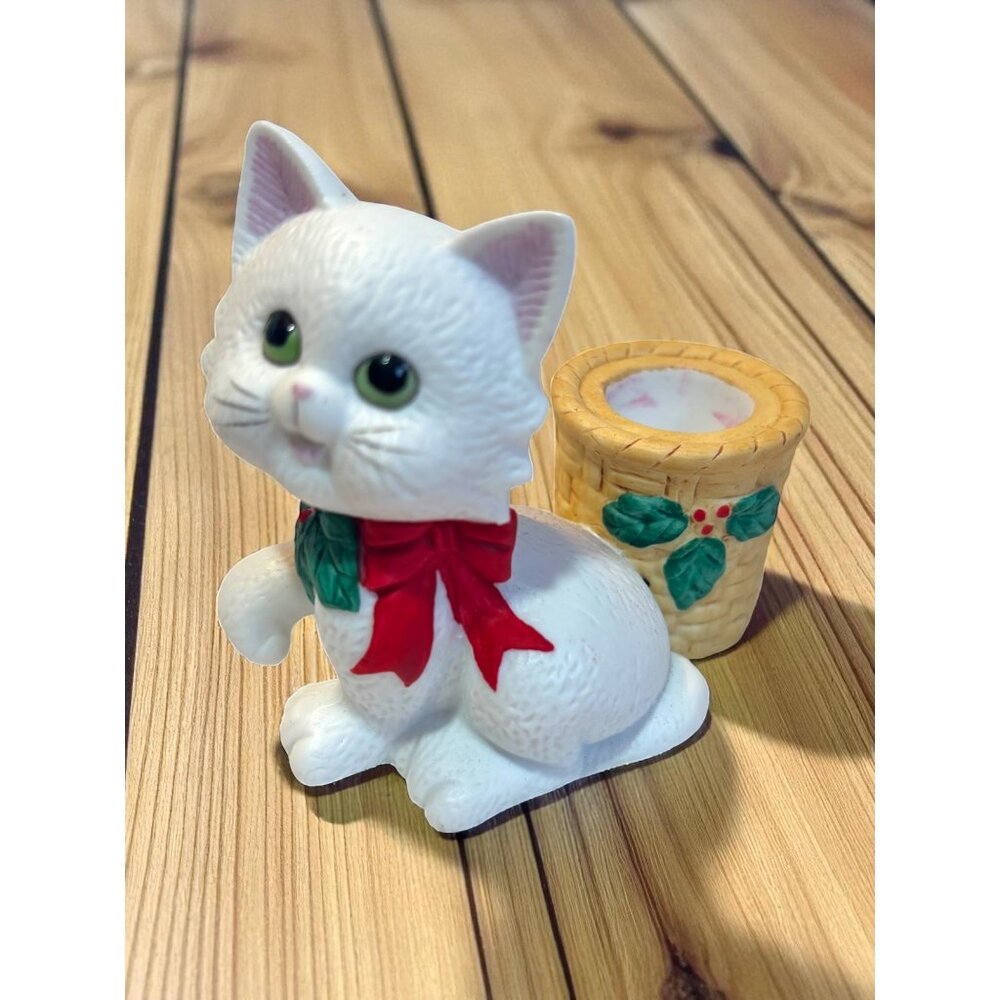 Vintage 1987 Lefton White Christmas Cat Figurine W/ Red Bow & Holly Candle Holde